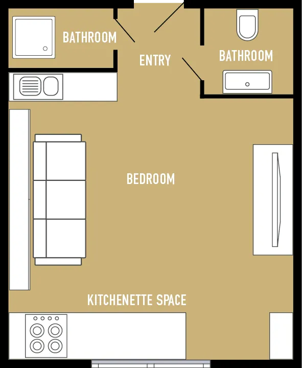 Full Size Studio, bed down: bedroom, kitchenette space, entry and bathroom