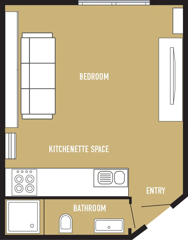 King Studio, bed down: bedroom, kitchenette space, entry and bathroom